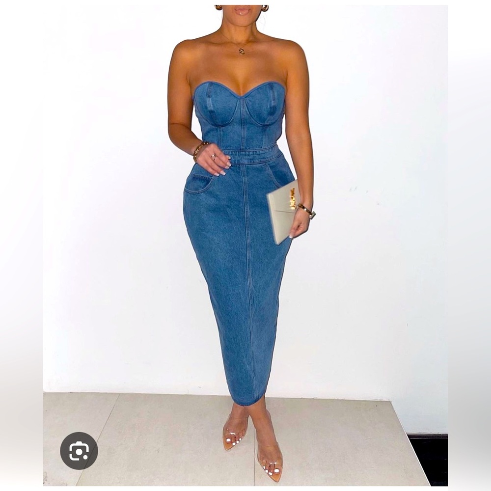 Strapless. Denim. Midi. Dress. JLUXLABEL.
